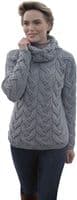 Ladies Pure British Wool Light Grey Cable Cowl Neck Aran Jumper