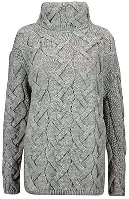 Ladies Pure British Wool Light Grey Cable Cowl Neck Aran Jumper