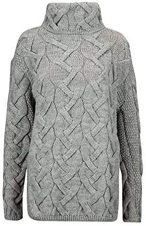 Ladies Pure British Wool Light Grey Cable Cowl Neck Aran Jumper