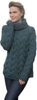 Ladies Pure British Wool Summer Storm Cable Cowl Neck Aran Jumper
