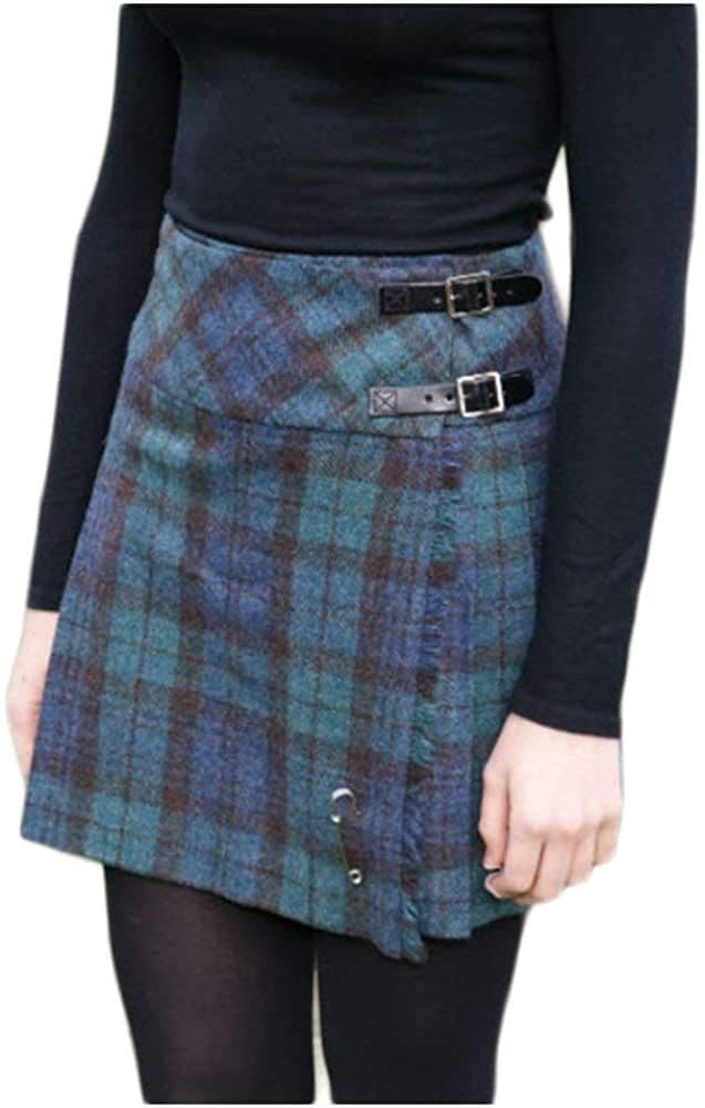 Ladies Pure Shetland Wool Antique Black Watch Tartan Broad Waistband Mini Kilt