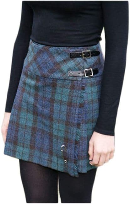 Ladies Pure Shetland Wool Antique Black Watch Tartan Broad Waistband Mini Kilt