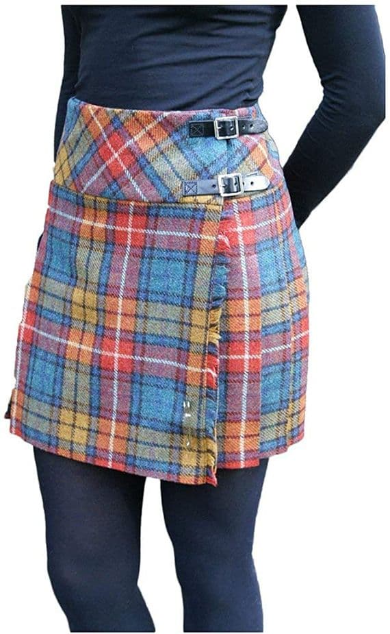 Ladies Pure Shetland Wool Antique Buchanan Tartan Broad Waistband Mini Kilt