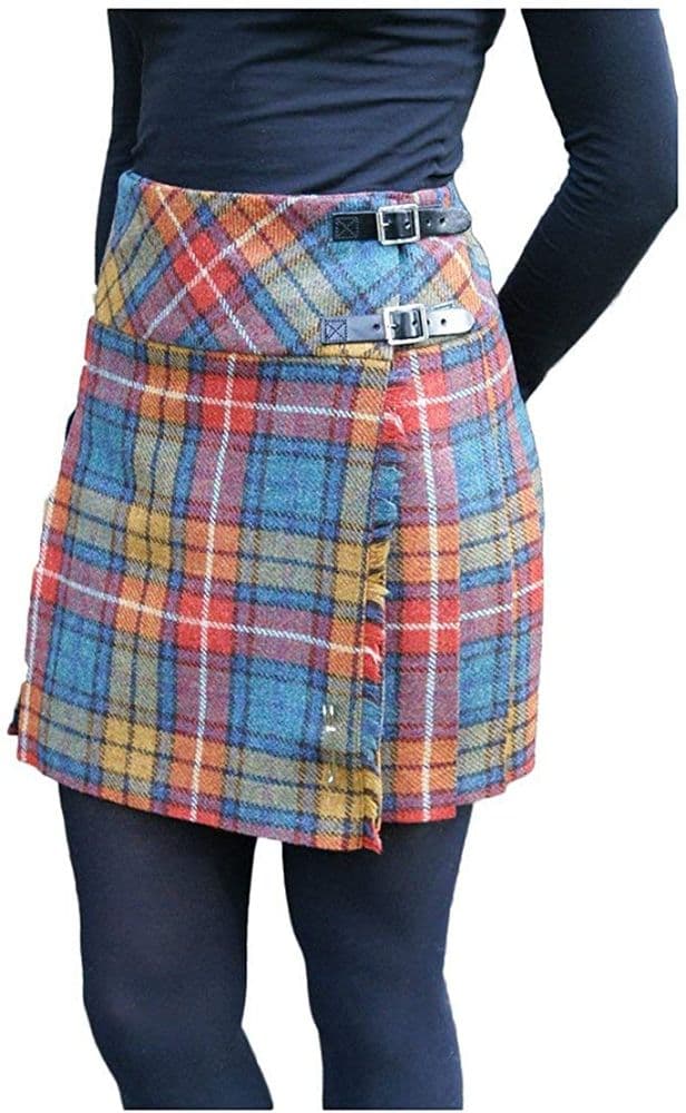 Ladies Pure Shetland Wool Antique Buchanan Tartan Broad Waistband Mini Kilt