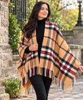 Ladies Thomson Camel Tartan Pure Cashmere Mini Cape