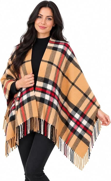 Ladies Thomson Camel Tartan Pure Cashmere Mini Cape