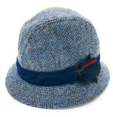 Mens Harris Tweed Blue Fleck Trilby Hat with Moleskin Band