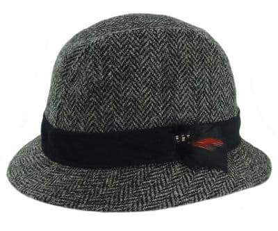 Mens Harris Tweed Charcoal Herringbone Trilby Hat with Moleskin Band