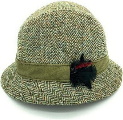 Mens Harris Tweed Green Herringbone Trilby Hat with Moleskin Band