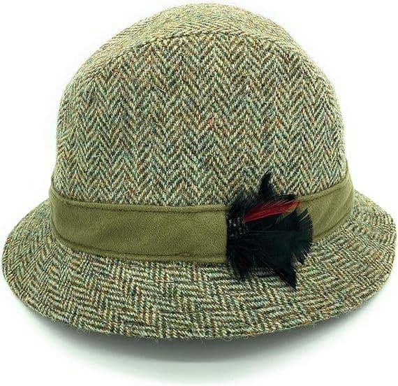Mens Harris Tweed Green Herringbone Trilby Hat with Moleskin Band