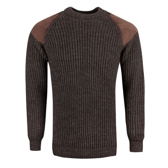 Pure British Wool Countryman Patch Crew Neck Brown Aran Jumper