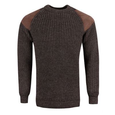 Pure British Wool Countryman Patch Crew Neck Brown Arran Jumper