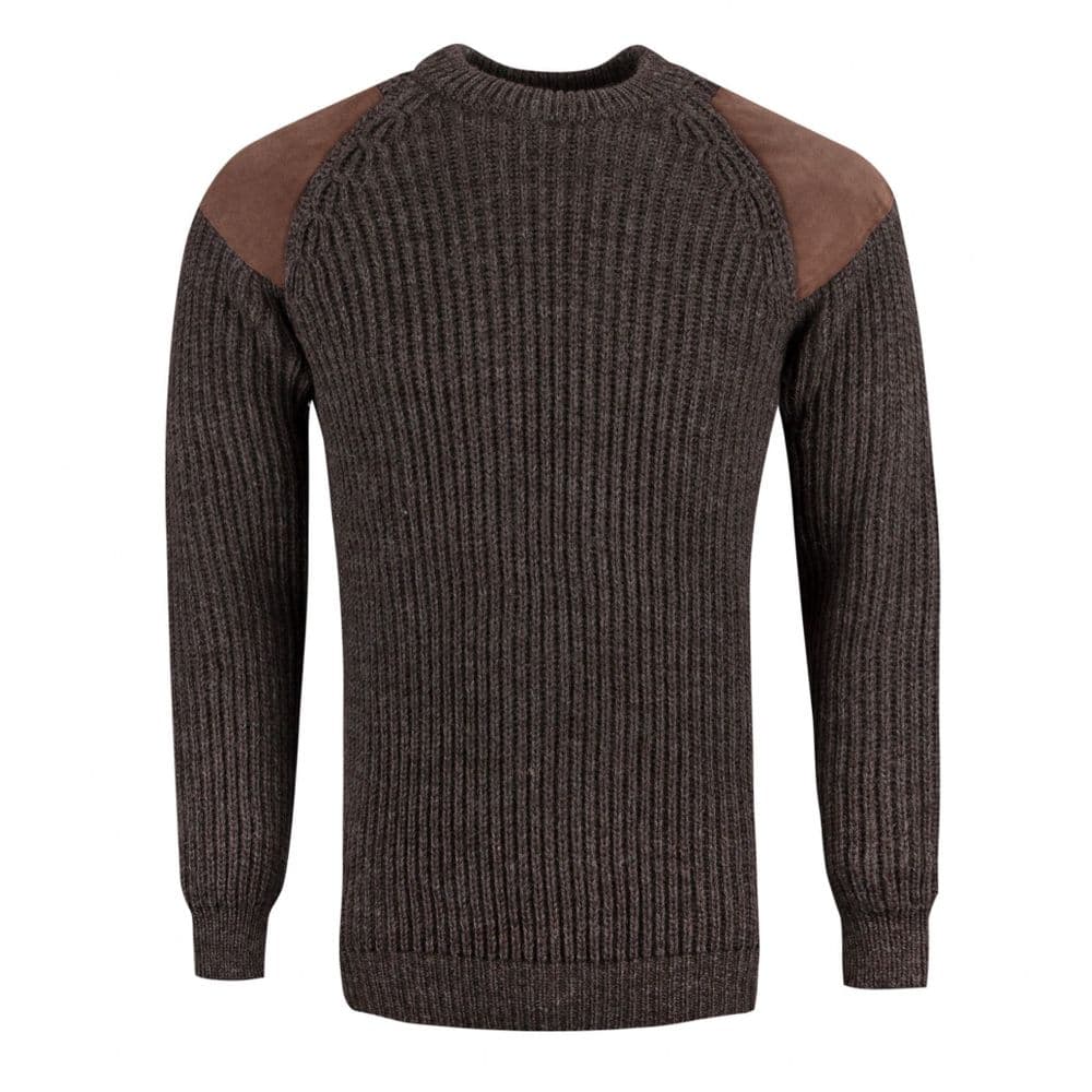 Pure British Wool Countryman Patch Crew Neck Brown Arran Jumper