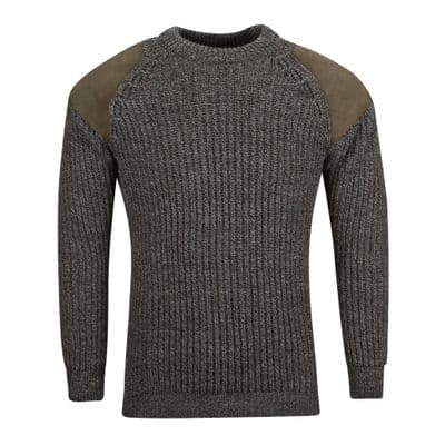 Pure British Wool Countryman Patch Crew Neck Derby Tweed Aran Jumper
