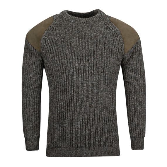 Pure British Wool Countryman Patch Crew Neck Derby Tweed Aran Jumper