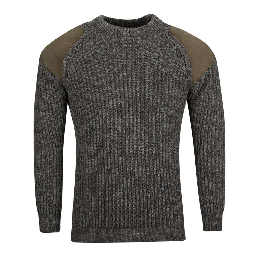 Pure British Wool Countryman Patch Crew Neck Derby Tweed Arran Jumper