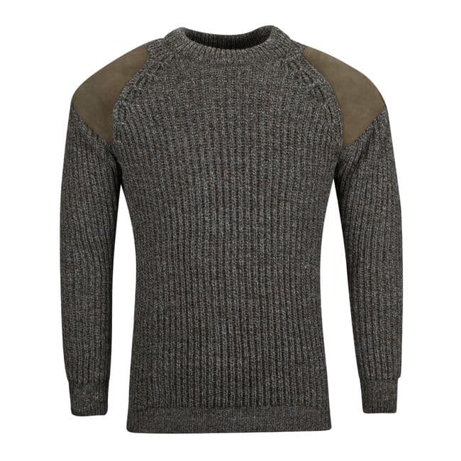 Pure British Wool Countryman Patch Crew Neck Derby Tweed Arran Jumper