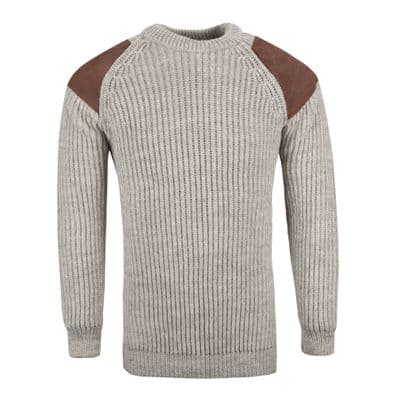 Pure British Wool Countryman Patch Crew Neck Light Grey Aran Jumper