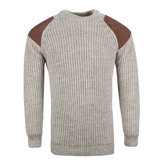 Pure British Wool Countryman Patch Crew Neck Light Grey Aran Jumper