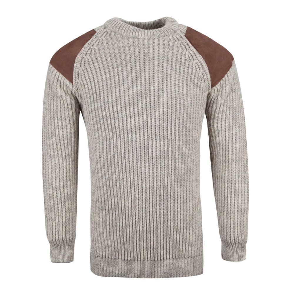 Pure British Wool Countryman Patch Crew Neck Light Grey Arran Jumper