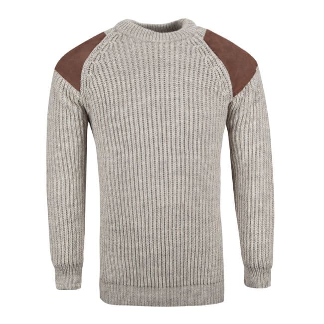 Pure British Wool Countryman Patch Crew Neck Light Grey Arran Jumper