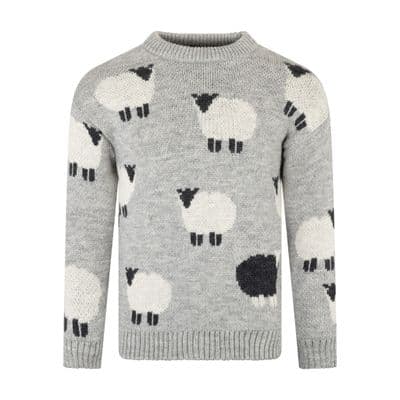 Pure British Wool Unisex Grey Black Sheep Pullover | Traditional Aran Knitwear