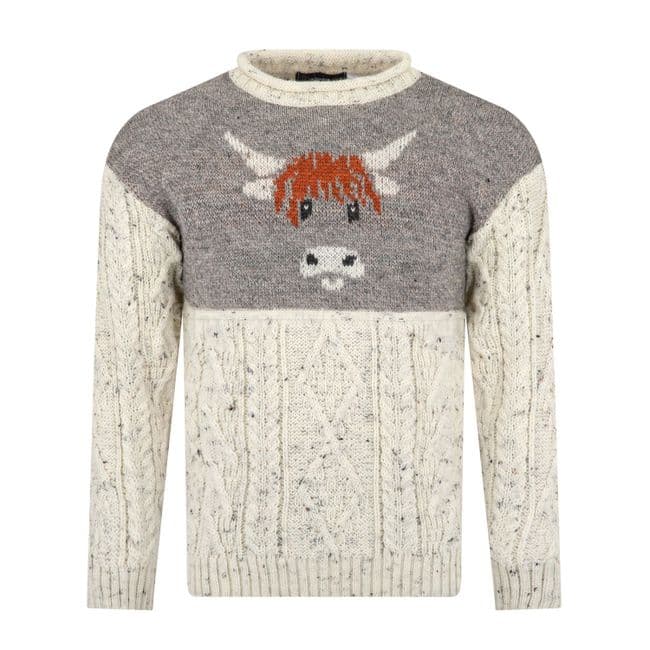 Pure British Wool Unisex Highland Cow Aran Pullover