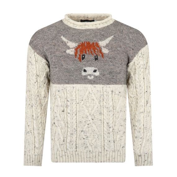Pure British Wool Unisex Highland Cow Aran Pullover