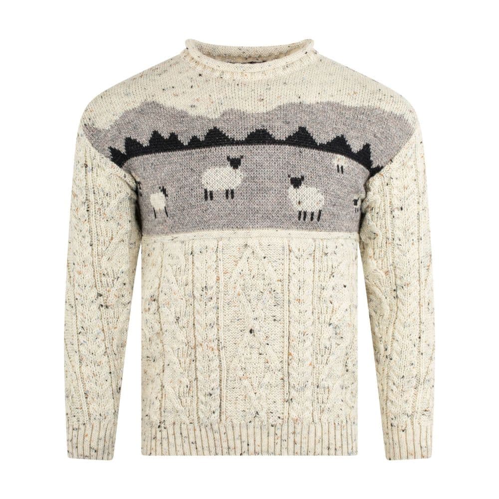 Pure British Wool Unisex Sheep Scene Aran Pullover