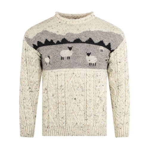 Pure British Wool Unisex Sheep Scene Aran Pullover