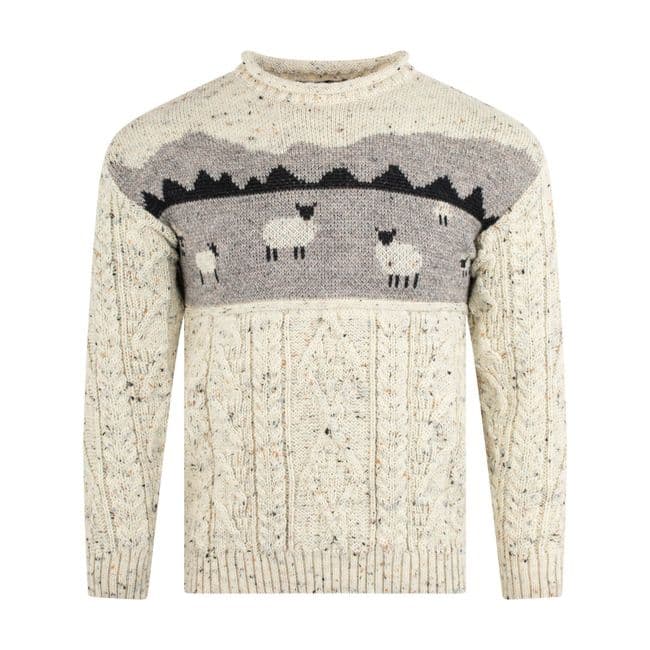 Pure British Wool Unisex Sheep Scene Aran Pullover