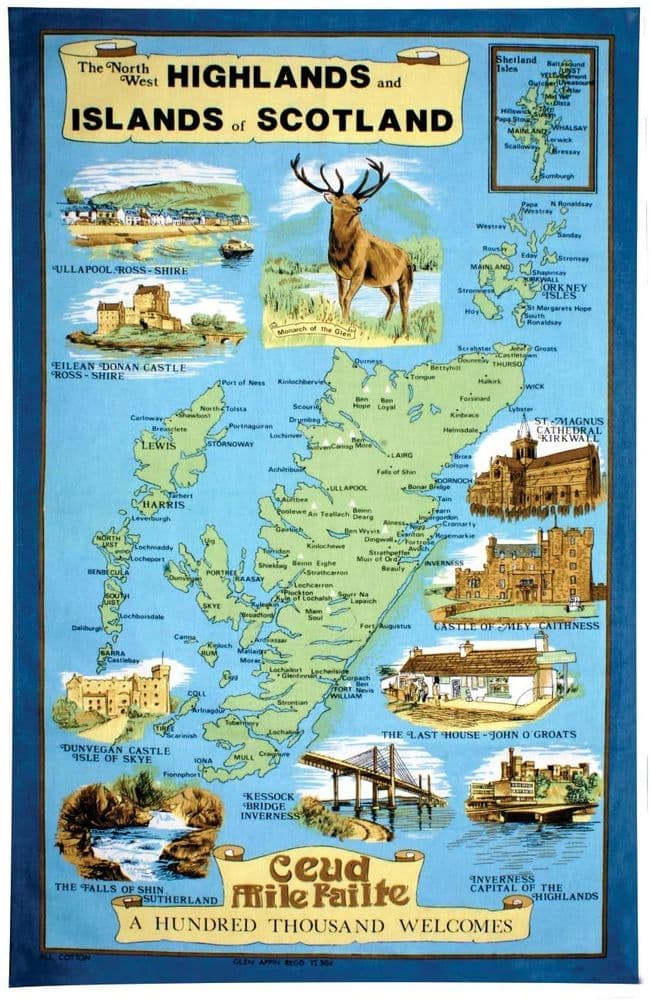 Pure Cotton Highlands and Islands of Scotland Tea Towel