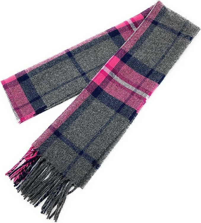 Pure Lambswool Pink & Grey Check Scarf - Made in Scotland