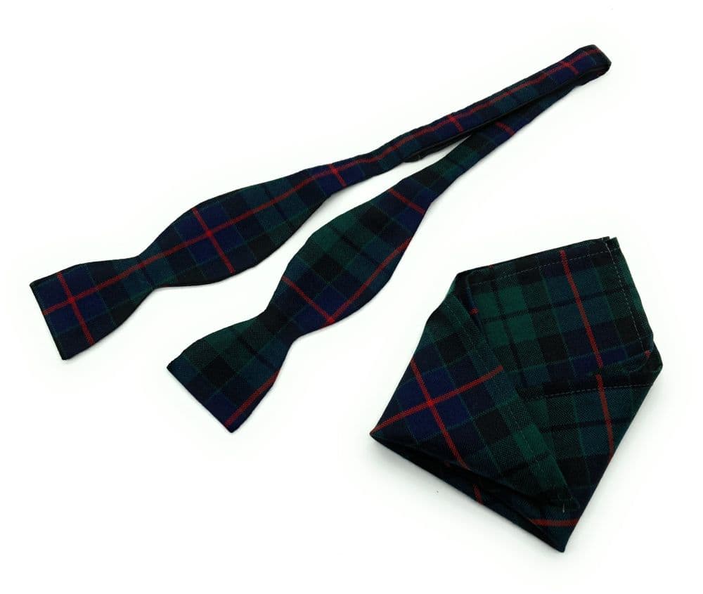 Pure Wool Morrison Modern Tartan Self Tied Bow Tie & Matching Pocket Square Set - Made in Scotland
