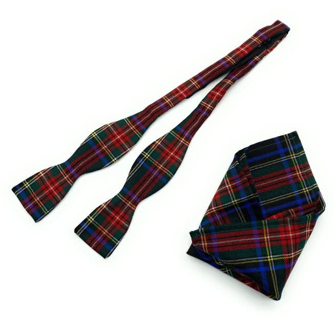 Pure Wool Stewart Black Tartan Self Tied Bow Tie & Matching Pocket Square Set - Made in Scotland