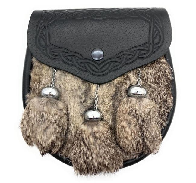 Scottish Traditional Full Dress Black Leather Celtic Design Kilt Sporran & Chain Belt