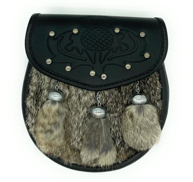 Scottish Traditional Full Dress Black Thistle Design Kilt Sporran & Chain Belt