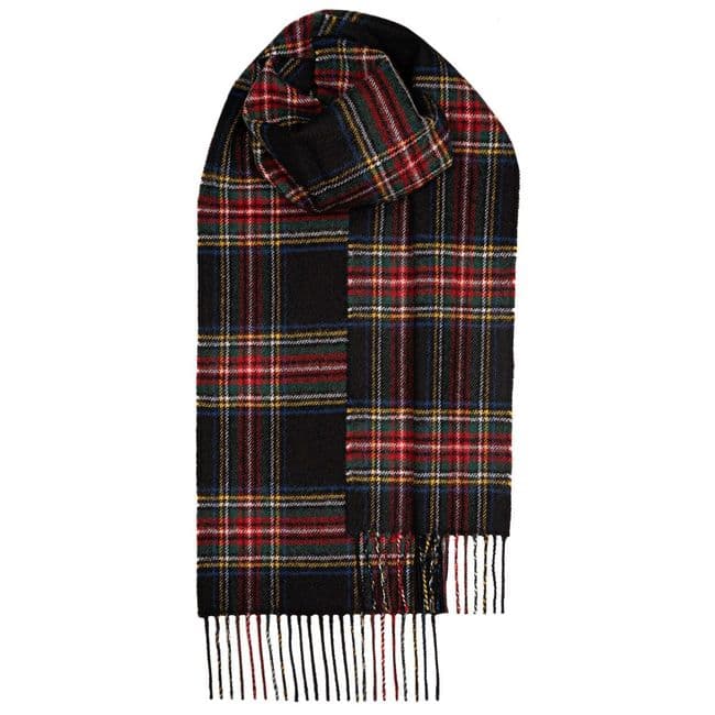 Stewart Black Modern Tartan Pure Lambswool Unisex Scarf - Made in Scotland