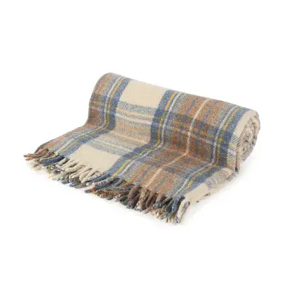 Stewart Muted Blue Tartan Wool Blend Travel Blanket | 155 x 190cm
