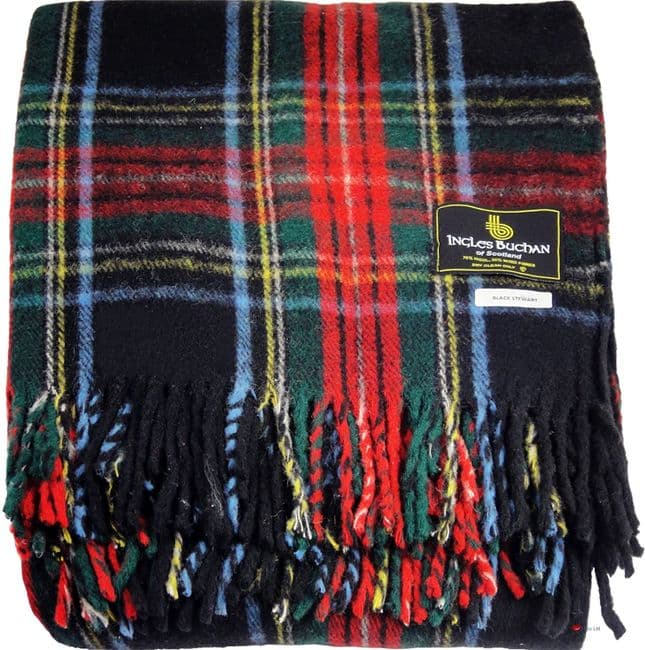 Wool Blend Stewart Black Tartan Travel Blanket/Rug By Ingles Buchan of Scotland