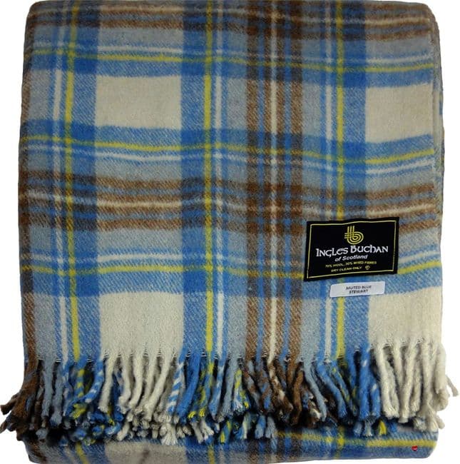 Wool Blend Stewart Muted Blue Tartan Travel Blanket/Rug By Ingles Buchan of Scotland