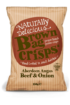 Brown Bag Crisps Sharing Bags Aberdeen Angus Beef & Onion 10 x 150g Dated 11/07/26