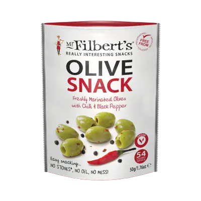 Mr Filberts Green Olives Chilli & Black Pepper 12 x 50g
