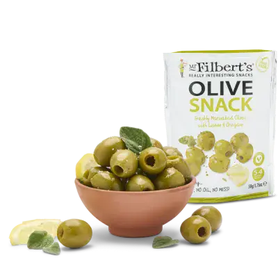 Mr Filberts Green Olives Lemon & Oregano 12 x 50g