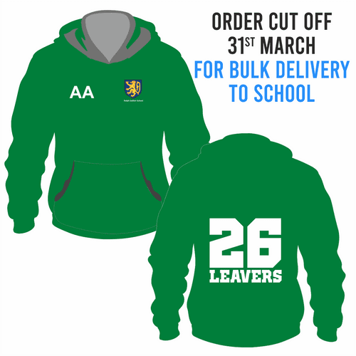 Ralph Sadleir School Leavers Hoody 2026- Kelly Green - BULK DELIVERY TO SCHOOL