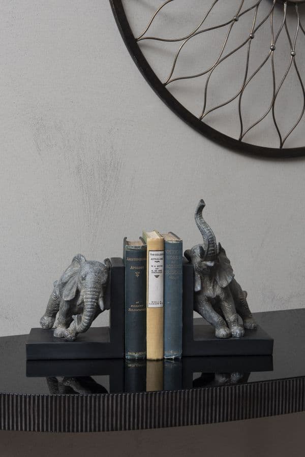 Grey Elephant Resin Bookends on Black Base