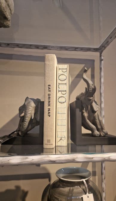 Grey Elephant Resin Bookends on Black Base