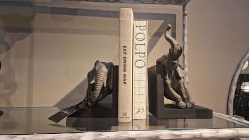 Grey Elephant Resin Bookends on Black Base