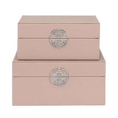 Set of 2  Faux Leather Jewellery Boxes - Rose Pink & Silver