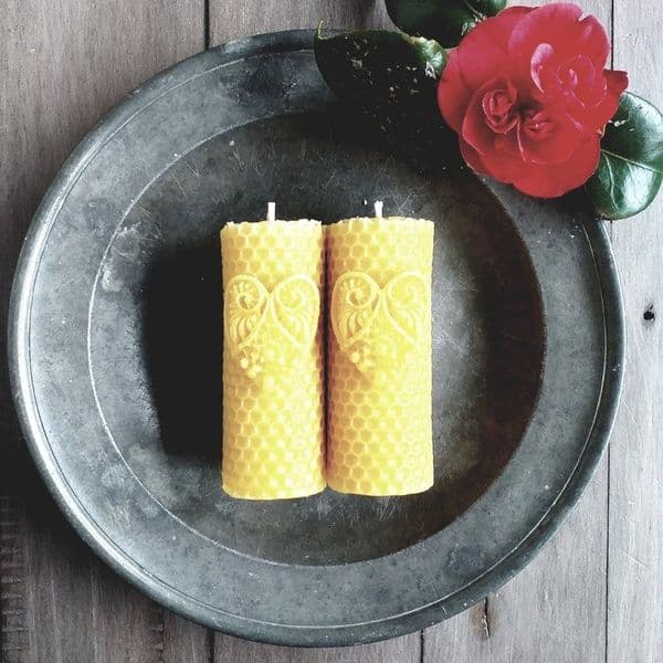 Set of 2 Pure Beeswax Heart Detail Candles (Boxed)